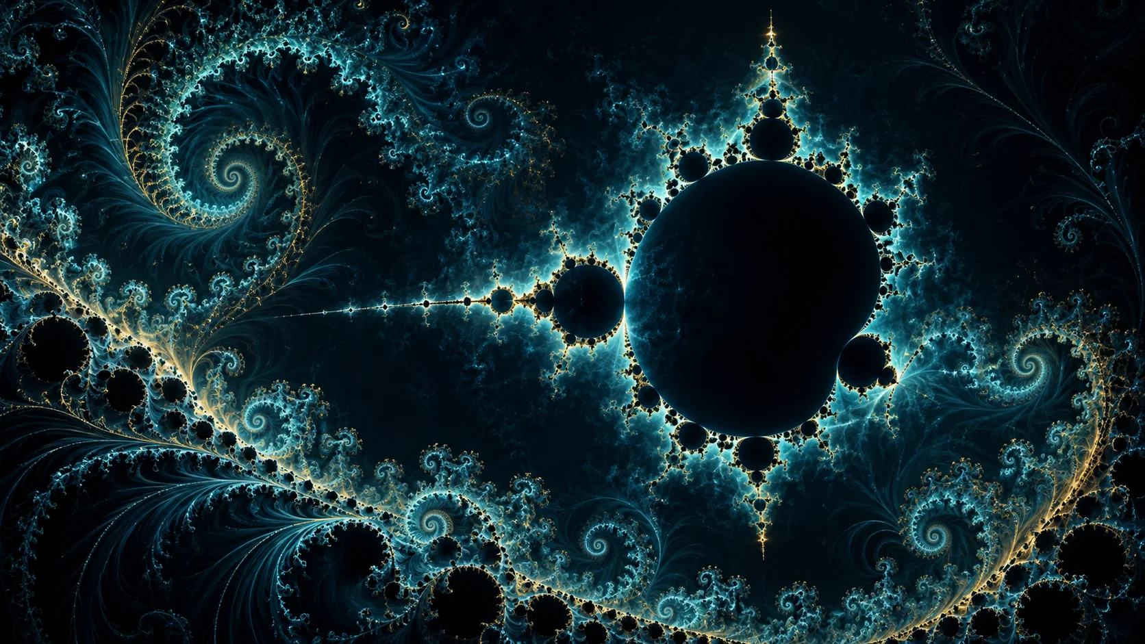 Luminous teal fractal branches repeating across scales against a dark field.
