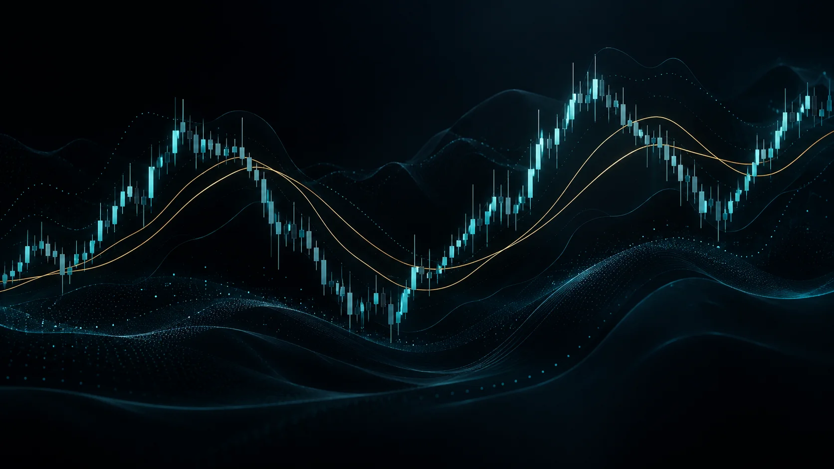 Illustrated candlesticks and flowing analytical curves on a dark navy background.